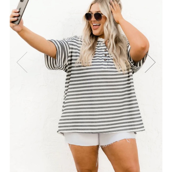 Pink Lily IT CAN HAPPEN CHARCOAL STRIPED HENLEY TEE - Picture 1 of 4